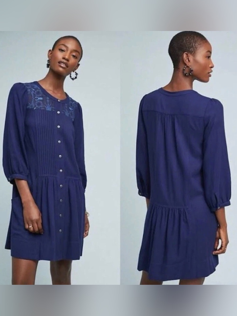 Anthropologie 6 Blue Dubois Shirt Dress ~ Shift Pintuck Embroidered Drop Waist
